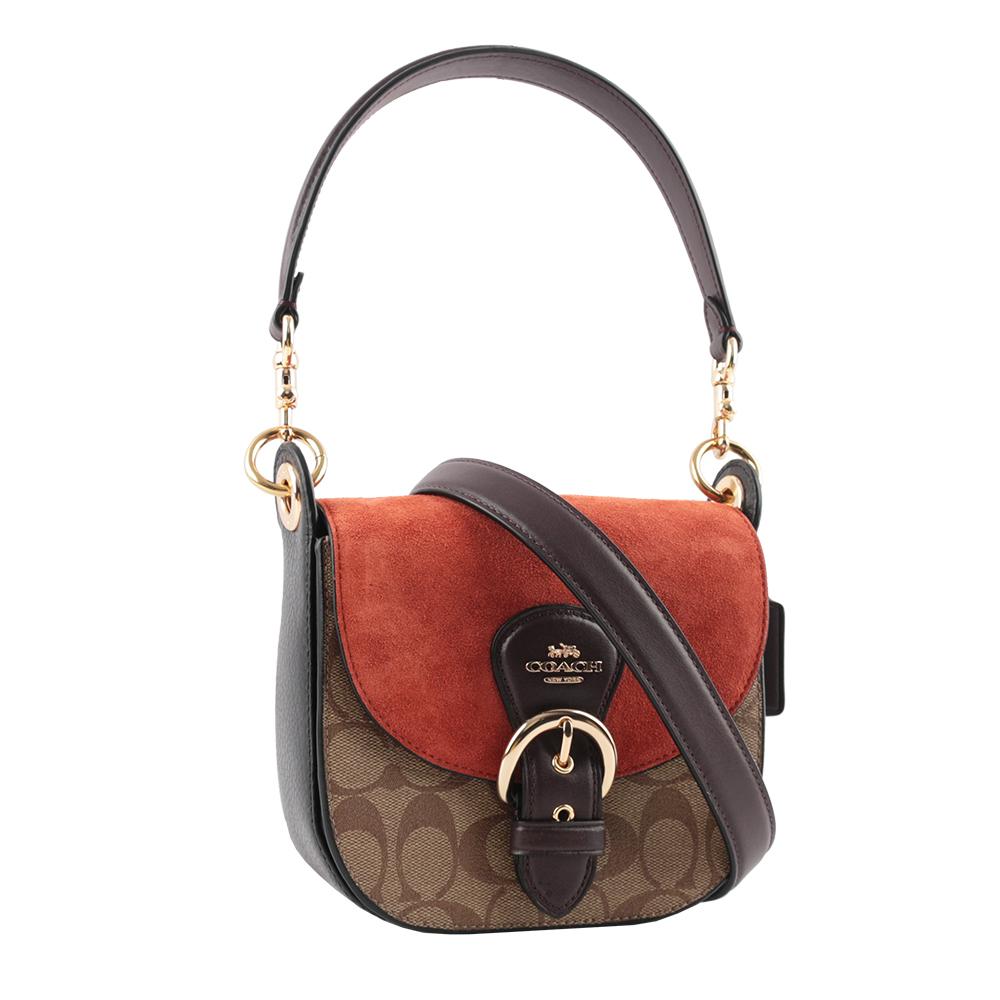 【COACH】Kleo 17 塗層帆布拼皮革二用馬鞍包(卡其/粉橘色)
