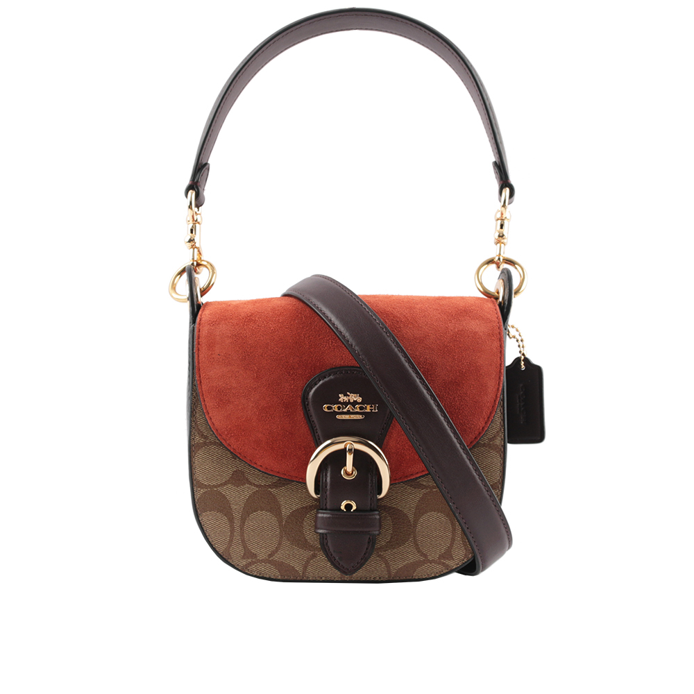 【COACH】Kleo 17 塗層帆布拼皮革二用馬鞍包(卡其/粉橘色)