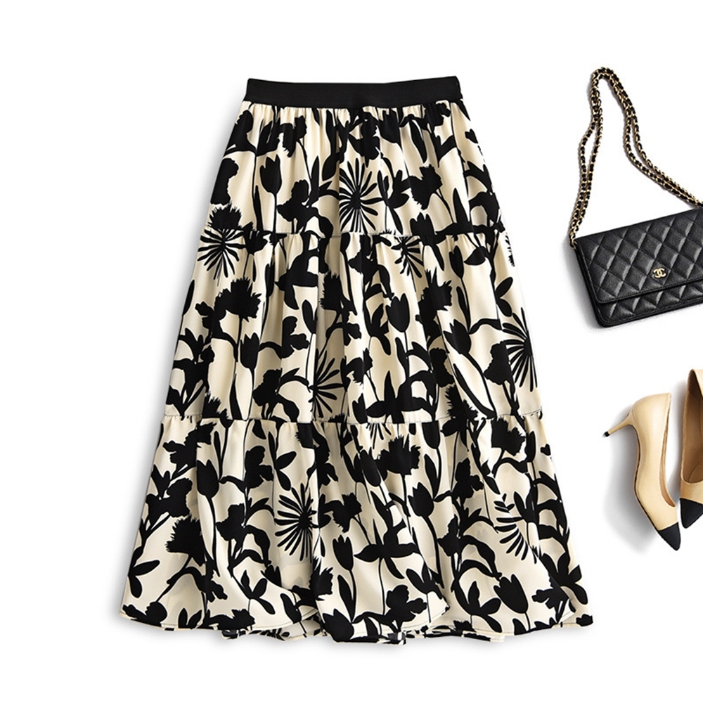 鬆緊腰印花中長裙  黑色