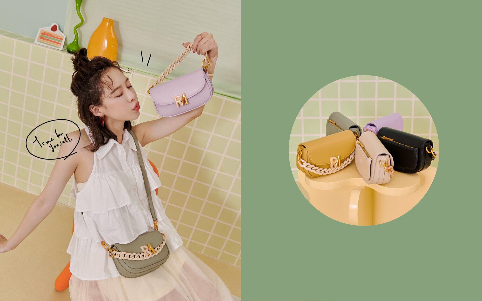 ROBINMAY 經典琥珀五金 LOGO，使用一半暈染一半金屬而成的 RM 標誌，華麗絢彩的設計與甜美外型相映襯。