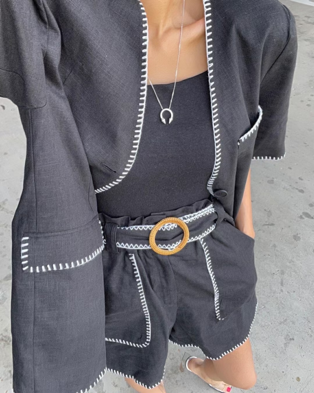 LBW011 撞色邊口袋外套配腰帶短褲套裝（可分開買）