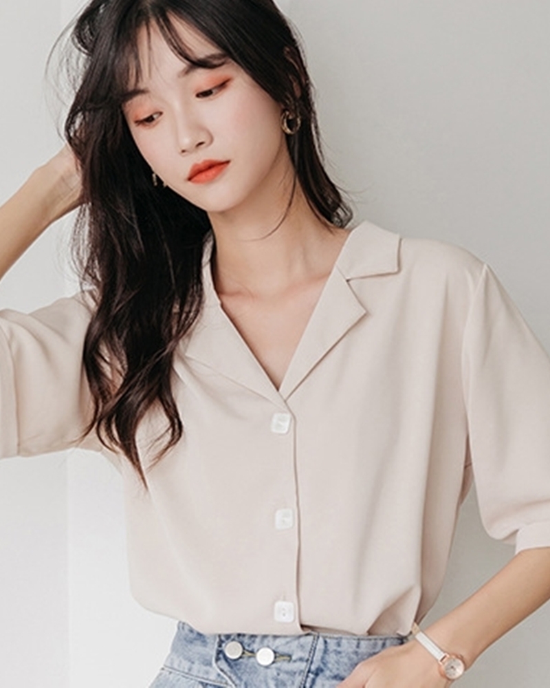 西裝領方釦五分袖襯衫  三色