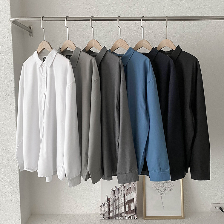 高質感平織素面長袖襯衫 立領 微寬版