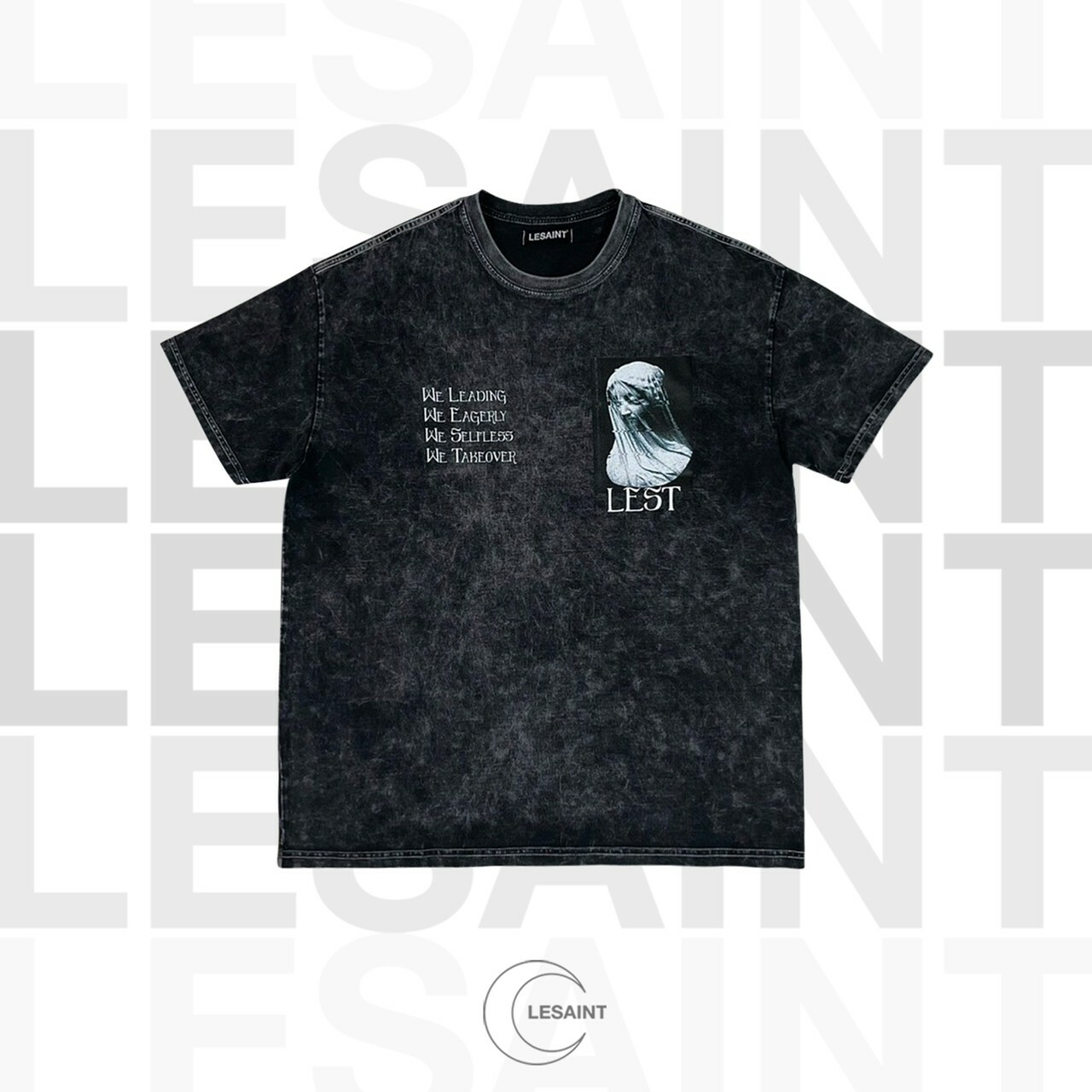 韓國品牌 LESAINT 水洗黑灰 聖母 雕像 LEST標語短袖 T 做舊限定款
