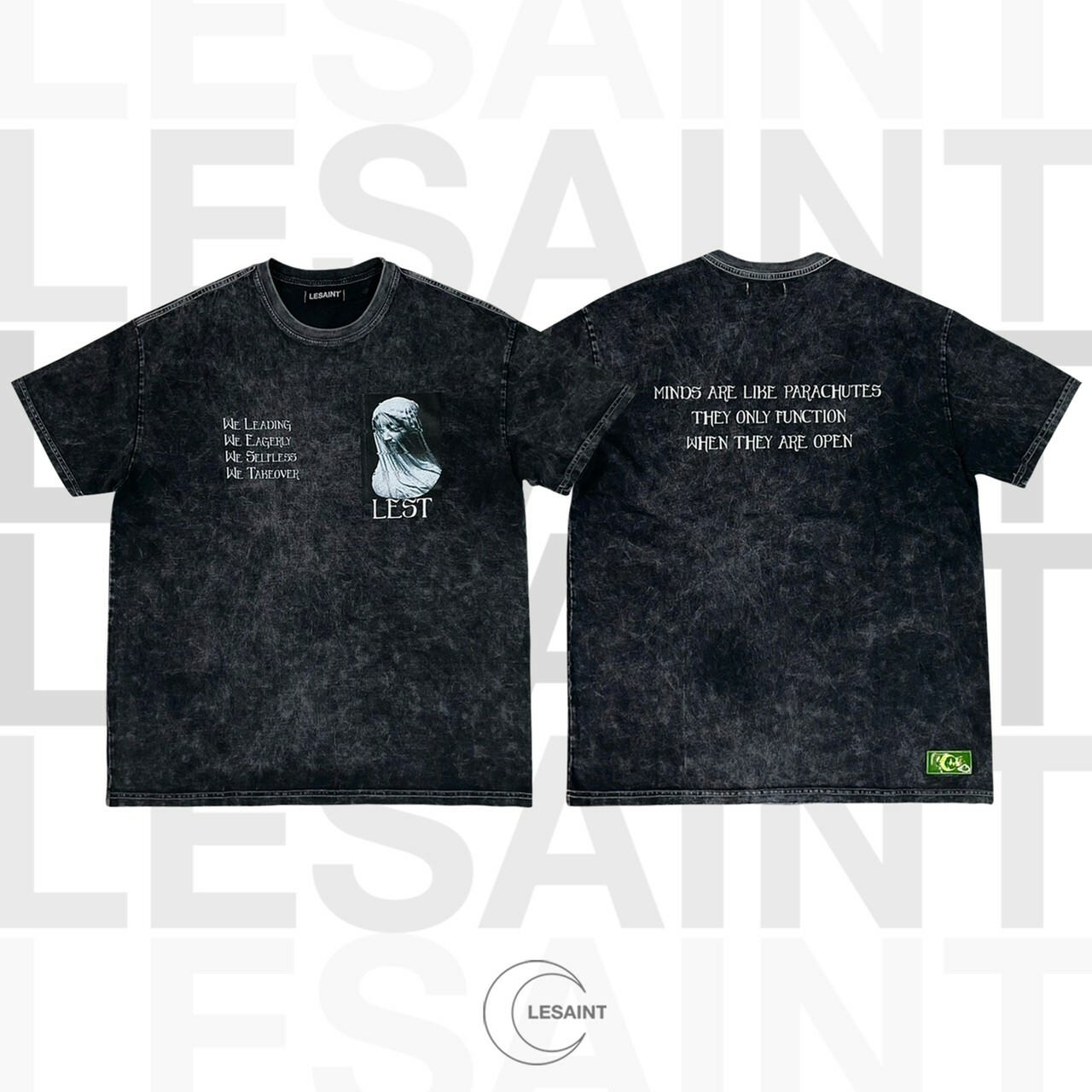 韓國品牌 LESAINT 水洗黑灰 聖母 雕像 LEST標語短袖 T 做舊限定款