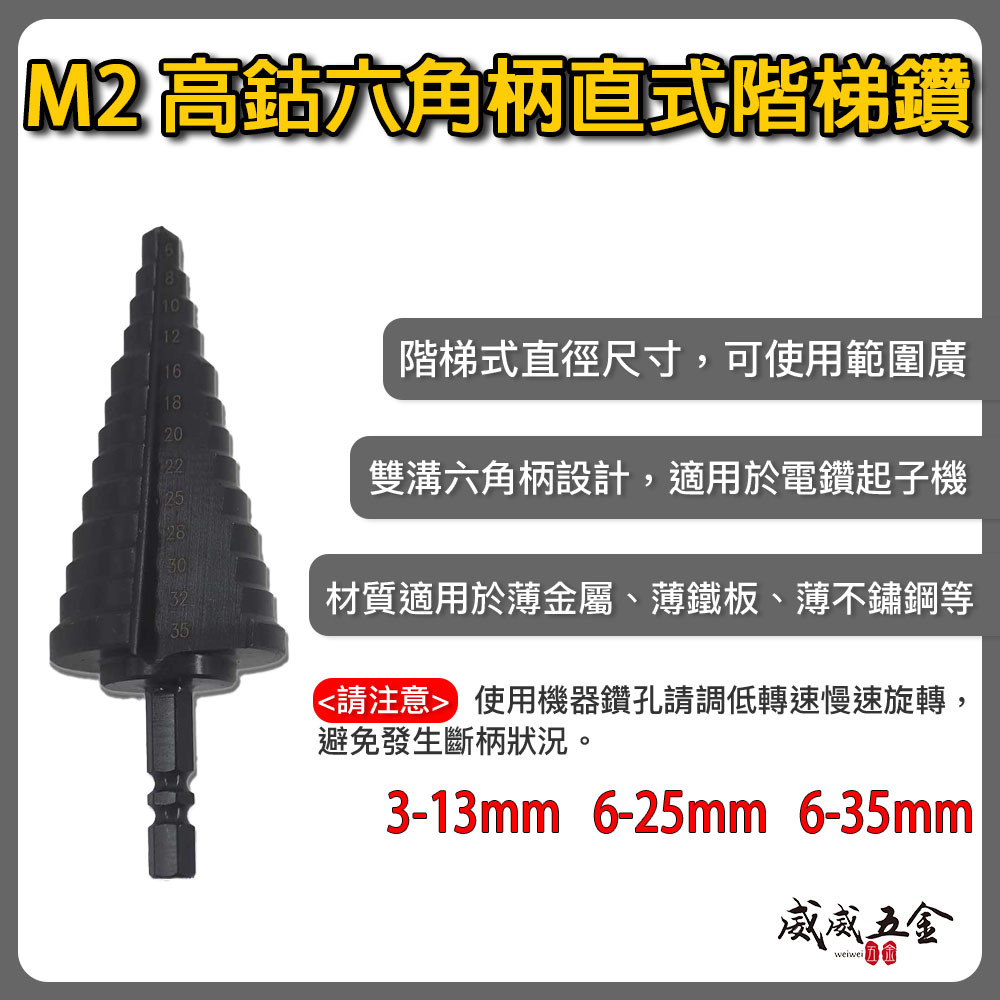 HSS M2 黑色直式｜六角軸階梯鑽 六角柄階梯鑽尾 圓穴鋸 不鏽鋼用階梯鑽頭｜3-13 6-25 6-35