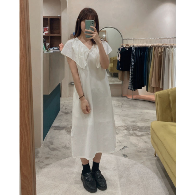 寧海V口花短袖長洋裝-桔梗