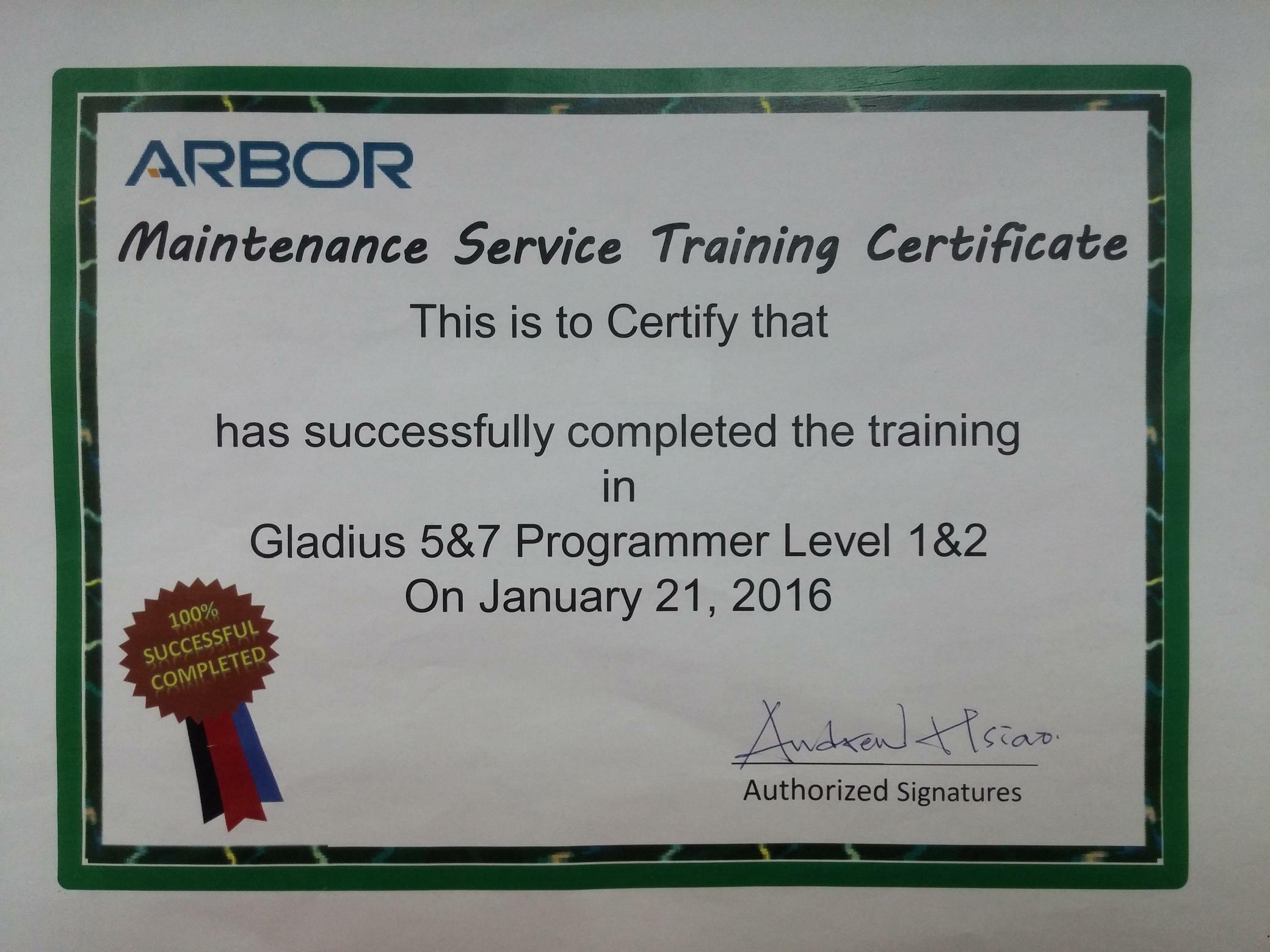 ARBOR 維修工程師培訓證書