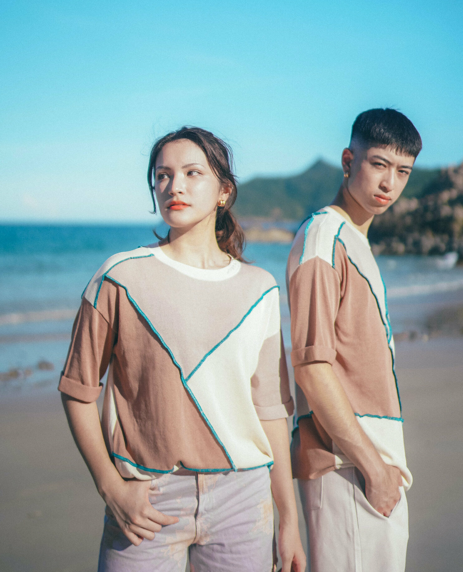 【Just Africa】Unisex 拼色針織Tee - 粉紅/米色