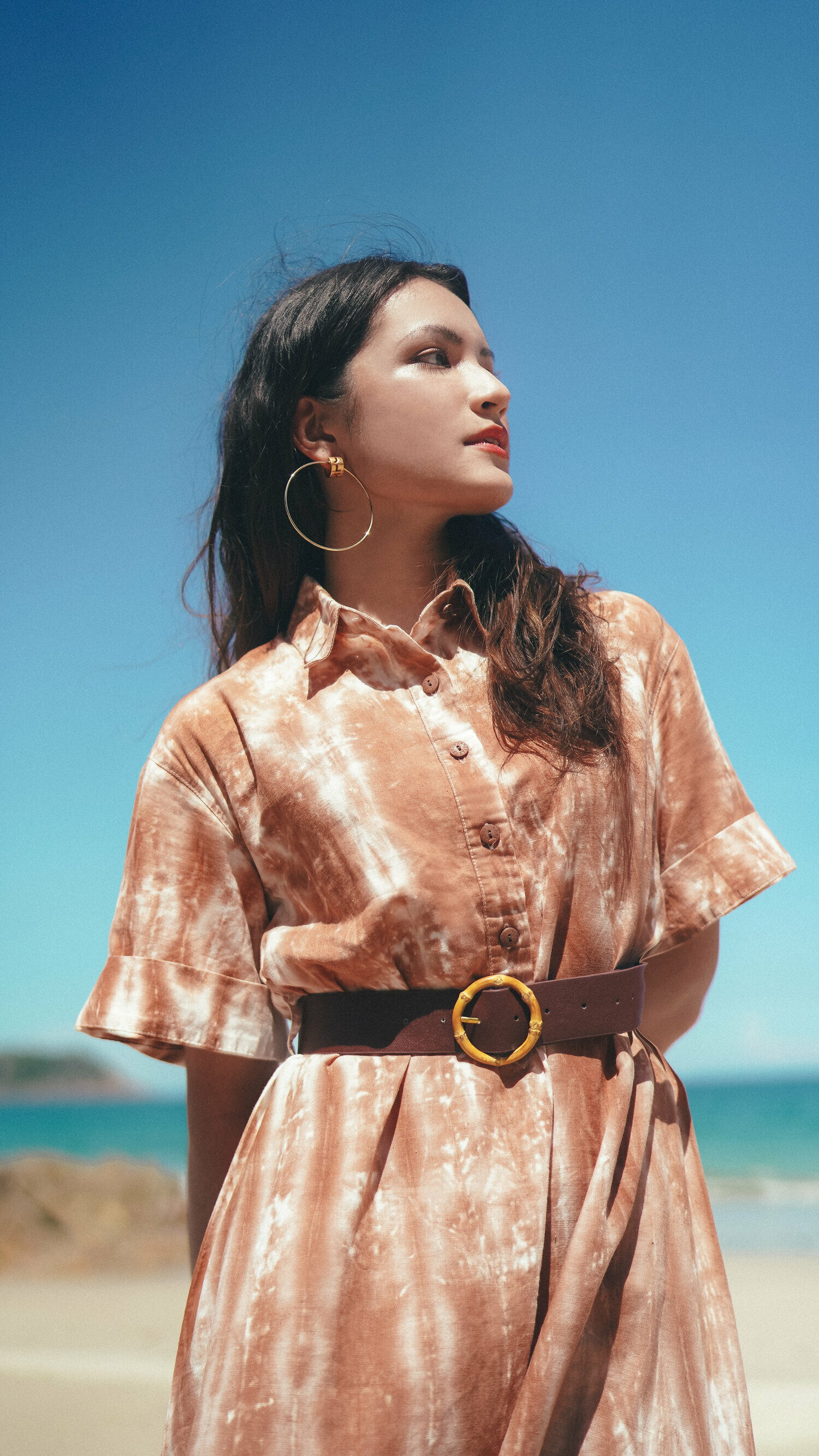 【Just Africa】棕褐色直紋紮染連身裙連皮帶