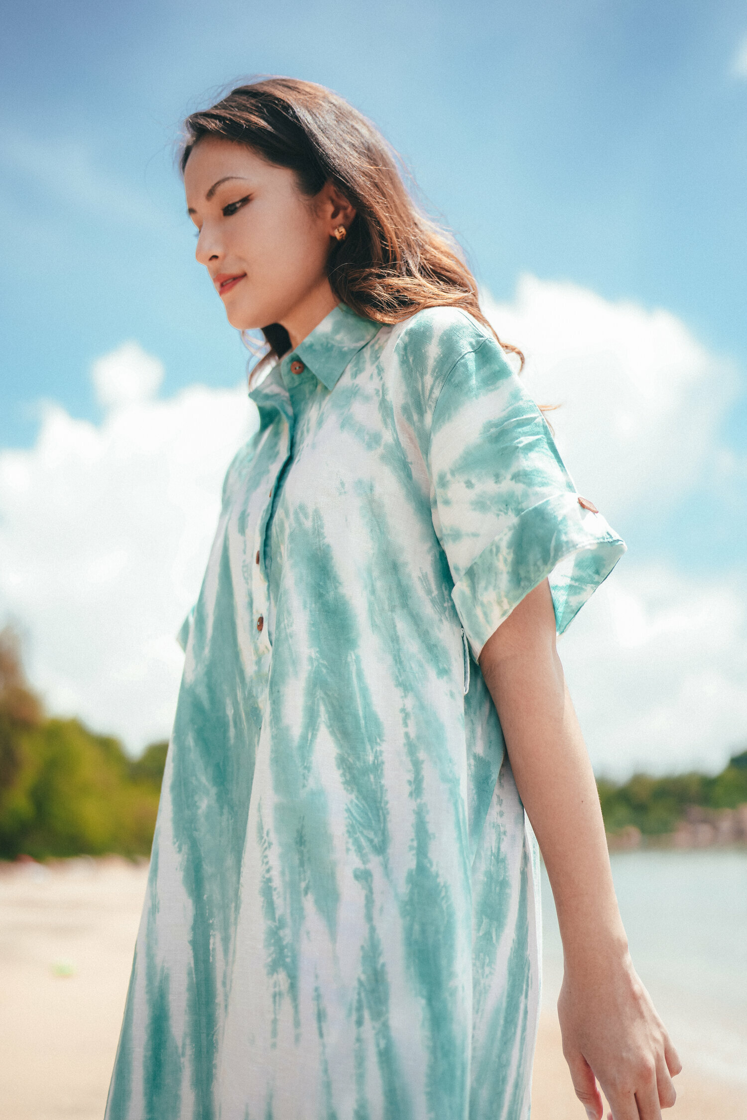 【Just Africa】海灘藍色直紋紮染連身裙連皮帶