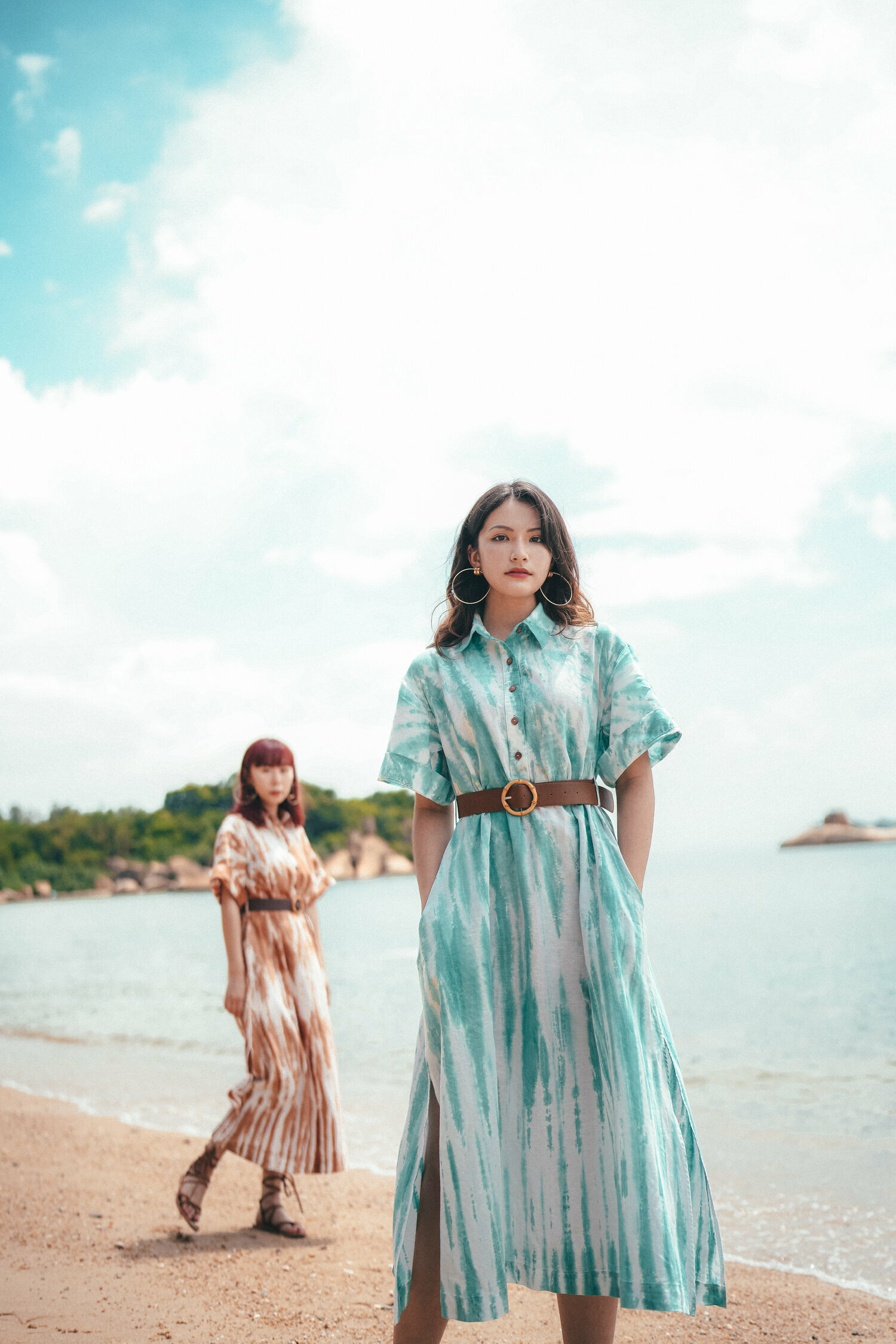 【Just Africa】海灘藍色直紋紮染連身裙連皮帶