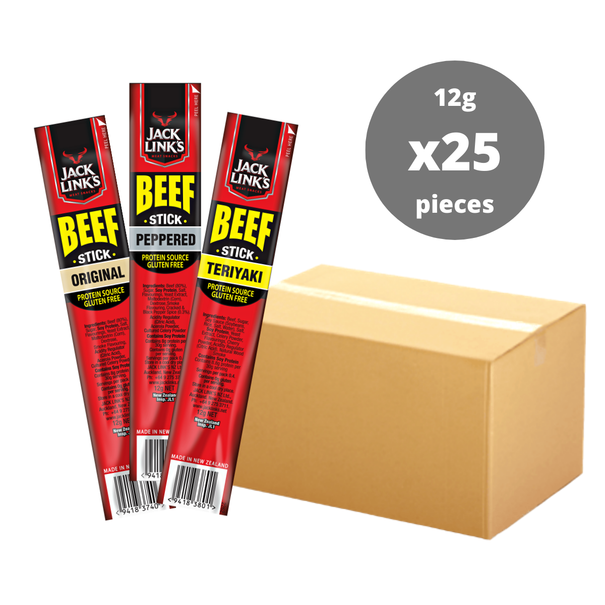 [原箱優惠] Jack Link's 紐西蘭草飼牛肉條, 12g x 25條 (3款口味)