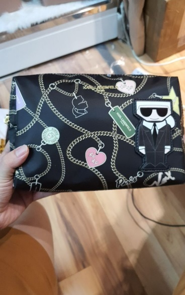 [S] KARL LAGERFELD LH2RE1AV AMOUR NYLON COSMETIC BAG,BLACK IVORY PINK COMBO, 194775317477 (SKL168)