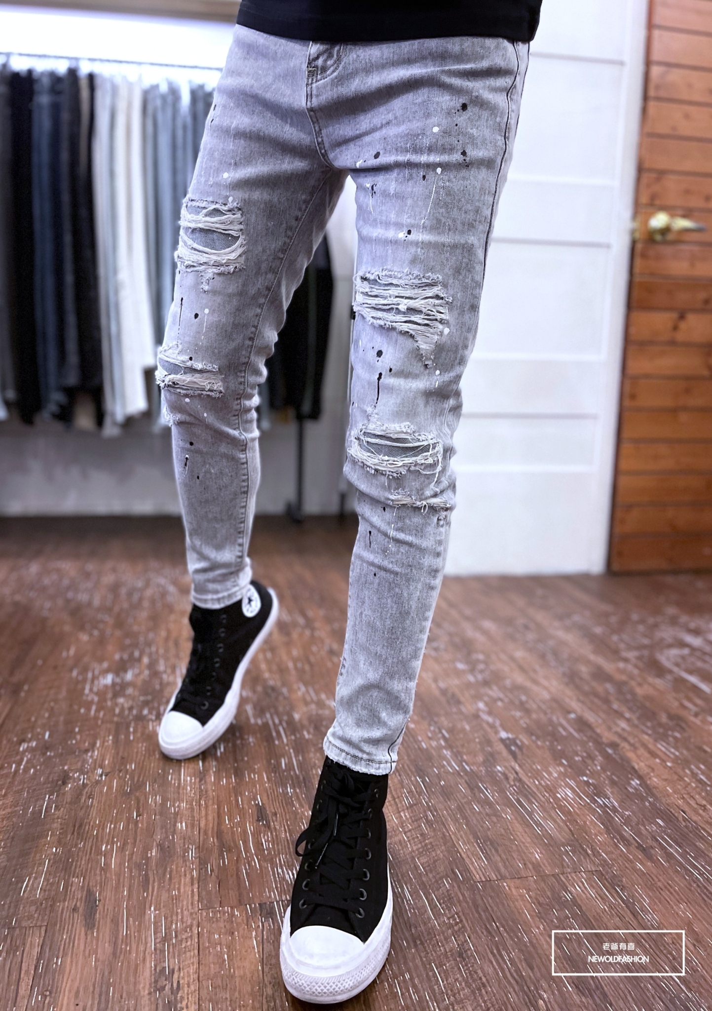 重磅黑白潑漆灰補丁九分小直筒褲