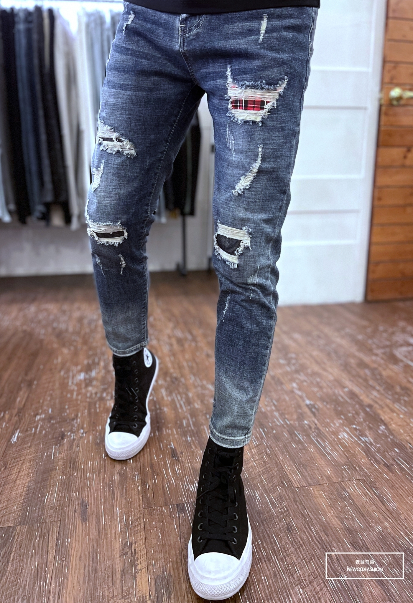 『新品上市』重磅格紋紅補丁九分小直筒褲(NOF22063556)