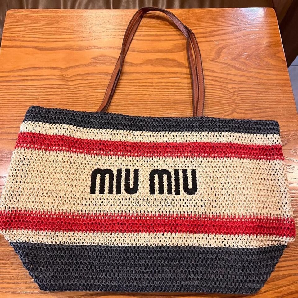 Miu Miu草編條紋拼色大容量袋
