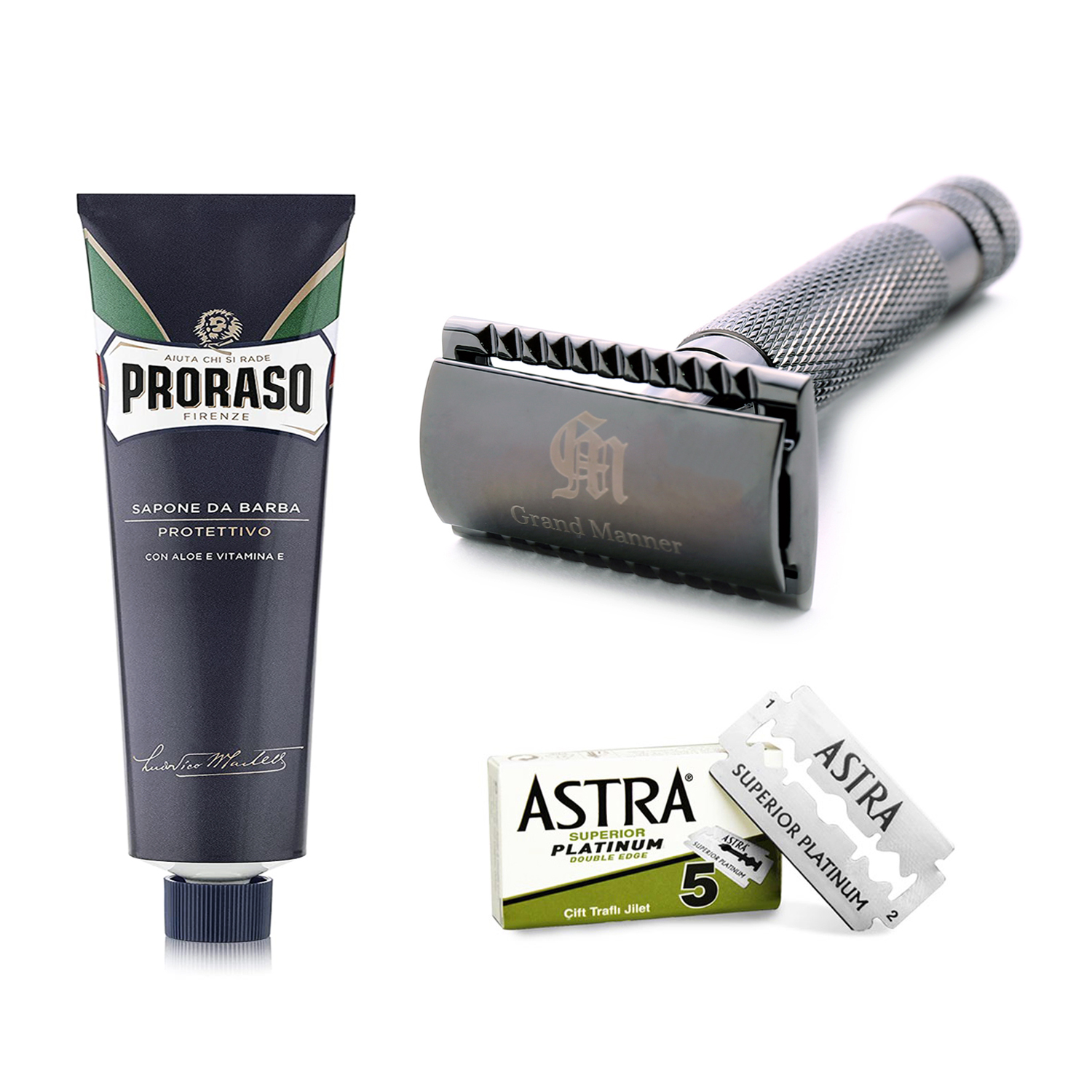 ★ 63折 ★ Grand Manner 特務系列 復古雙面安全手動刮鬍刀 3件組（槍鉻 / 傳統老式雙刃刮鬍刀片）