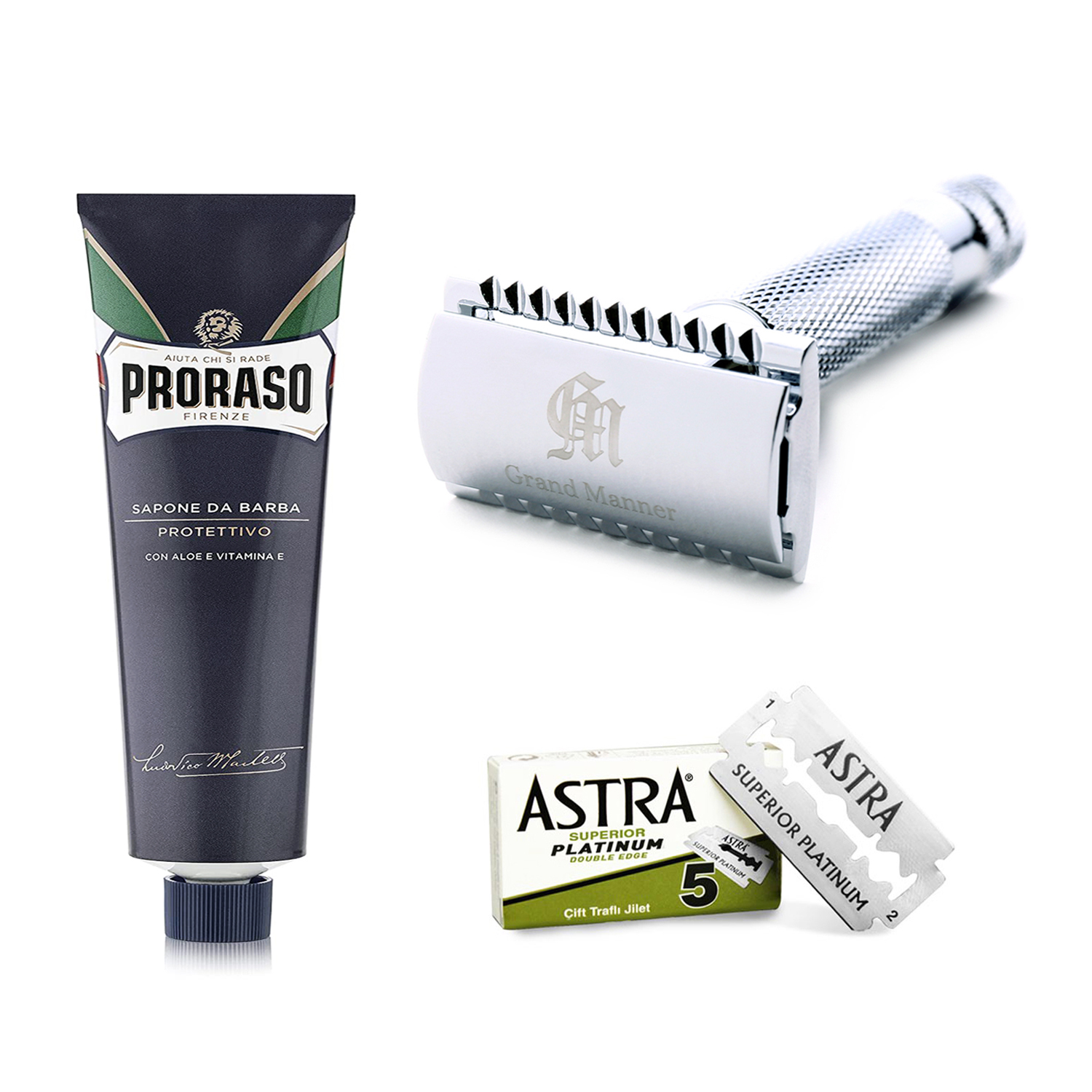 ★ 63折 ★ Grand Manner 特務系列 復古雙面安全手動刮鬍刀 3件組（銀 / 傳統老式雙刃刮鬍刀片）