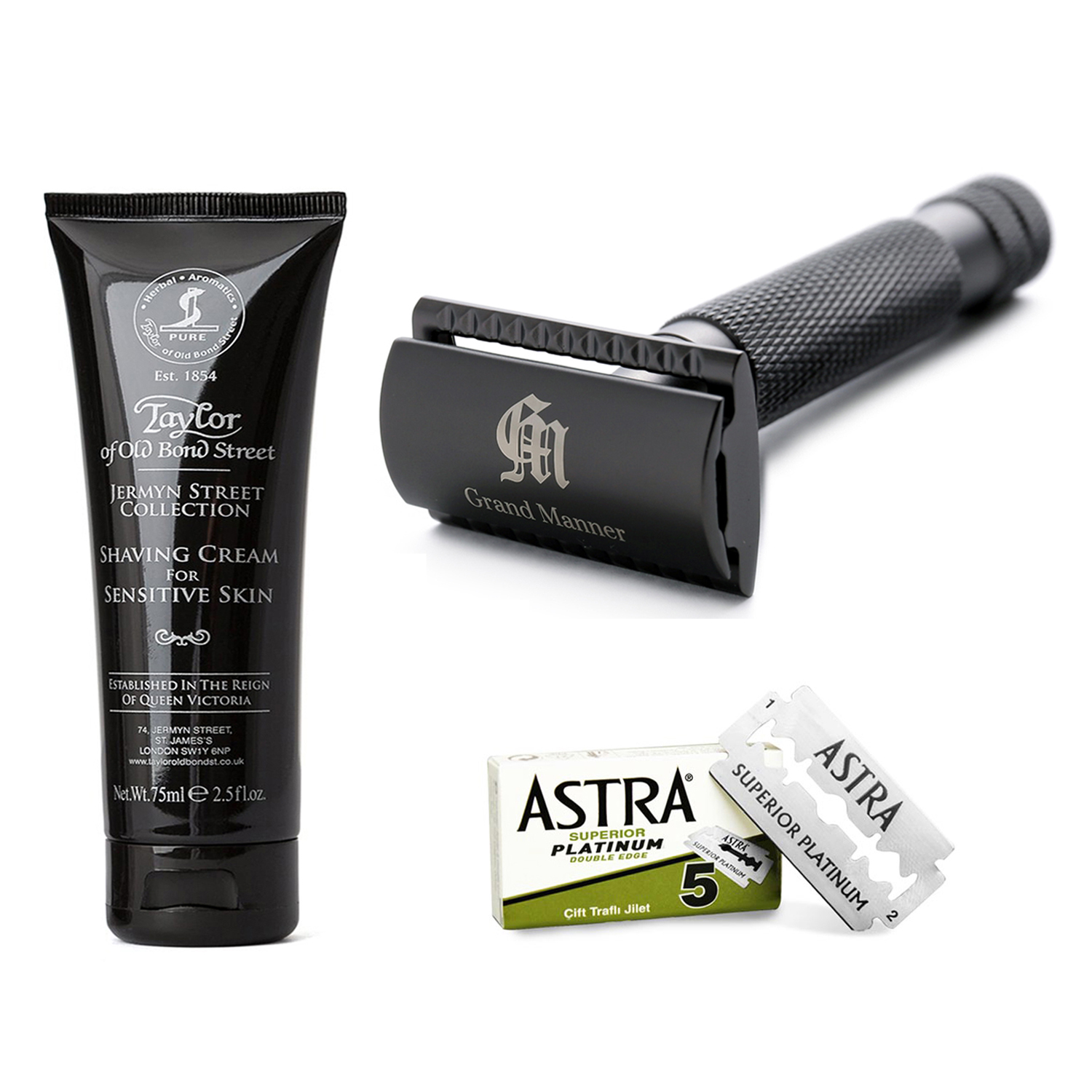 ★ 61折 ★ Grand Manner 特務系列 復古雙面安全手動刮鬍刀 3件組（槍管黑 / 傳統老式雙刃刮鬍刀片）