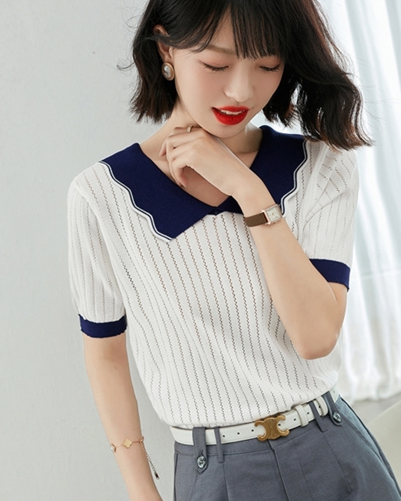 花型翻領鏤空針織上衣 白色