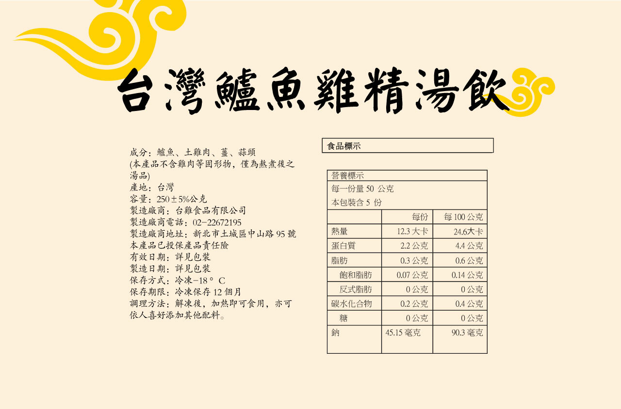台灣鱸魚雞精湯成分:鱸魚、土雞肉、薑、蒜頭(本產品不雞肉等固形物,僅為熬煮後之湯品)產地:台灣容量:250±5%公克食品標示營養標示每一份量50公克本含5份製造廠商:台雞食品有限公司每份每100公克製造廠商電話:02-22672195製造廠商地址:新北市土城區中山路95號本產品已投保產品責任熱量12.3大卡24.6大卡蛋白質2.2公克4.4公克有效日期:詳見包裝脂肪0.3公克0.6公克製造日期:詳見包裝保存方式:冷凍-18°C保存期限:冷凍保存12個月飽和脂肪反式脂肪0.07公克0.14公克0公克0公克調理方法:解凍後,加熱即可食用,亦可依人喜好添加其他配料。碳水化合物0.2公克0.4公克糖0公克0公克鈉45.15毫克90.3毫克
