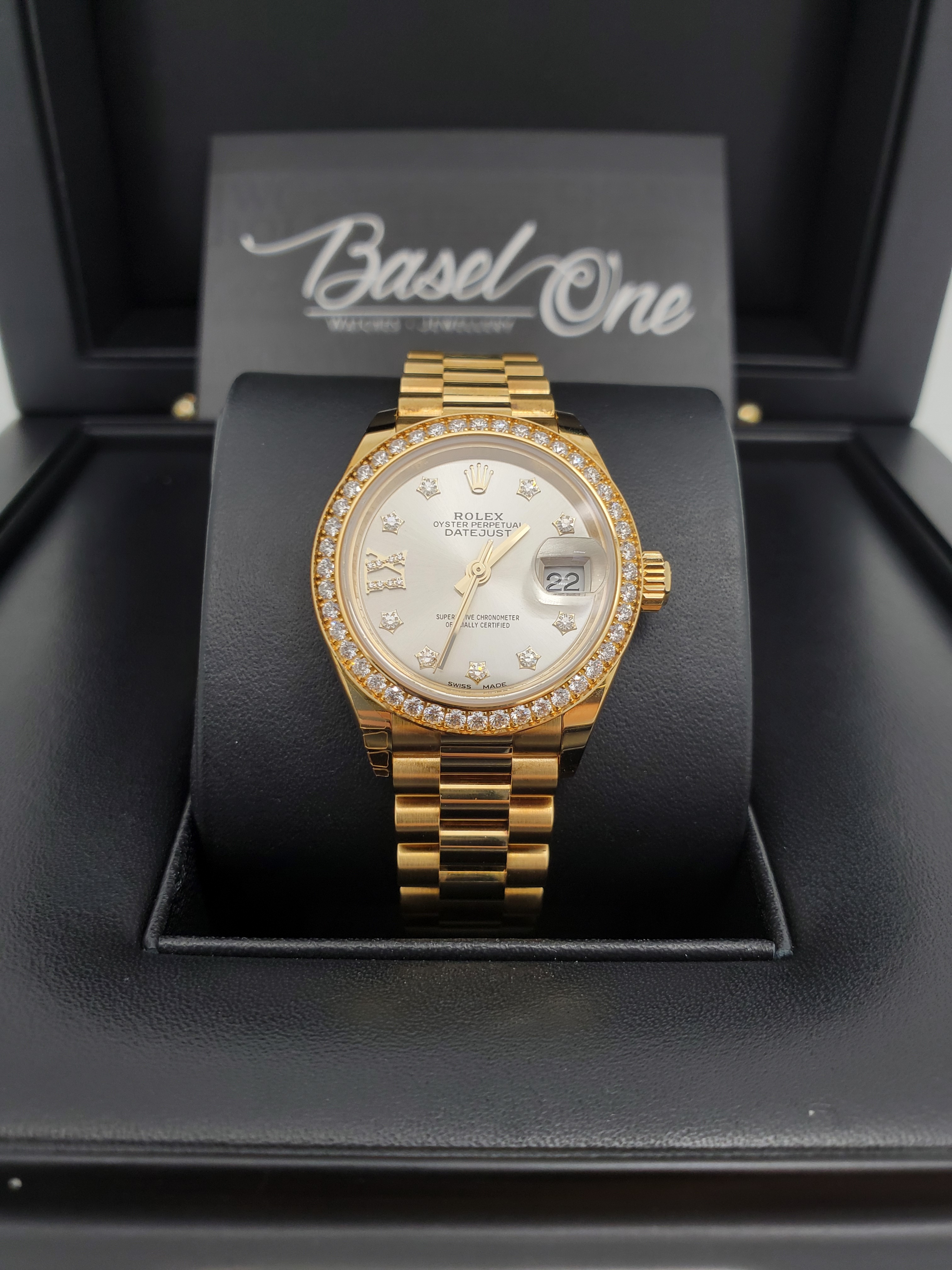 BRAND NEW ROLEX 279138RBR 279138 SILVER DIAL WITH DIAMOND YELLOW GOLD DATEJUST PRESIDENT STRAP 28 MM