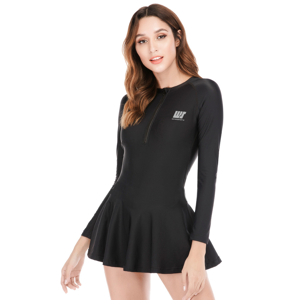 少女/女士細 LOGO 長袖雙層裙款泳衣 - 黑