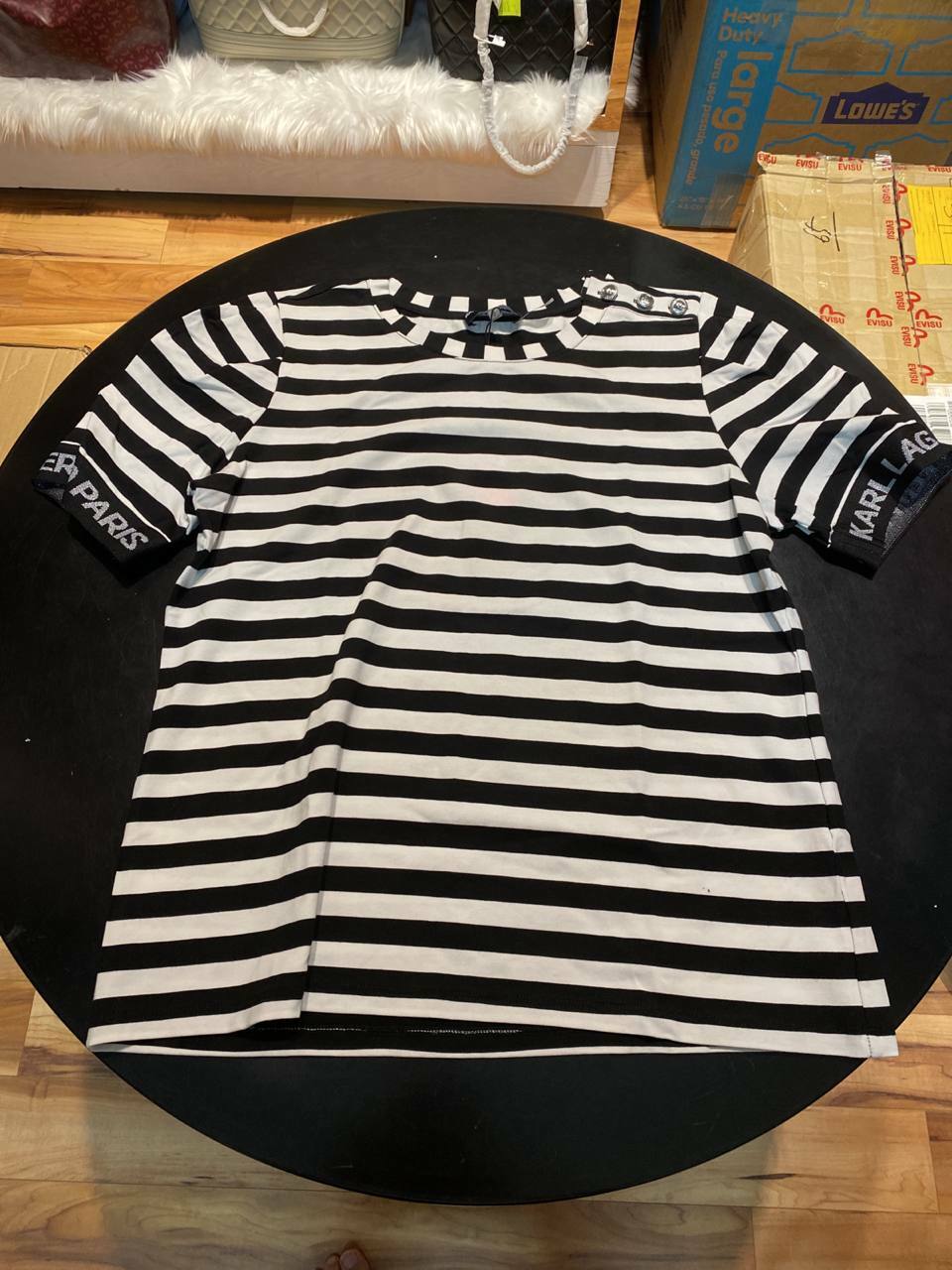 [S] KARL LAGERFELD LOGO CUFF STRIPE TOP T-SHIRT, BLACK/WHITE, L1WHZ823-BLW (SKL175)