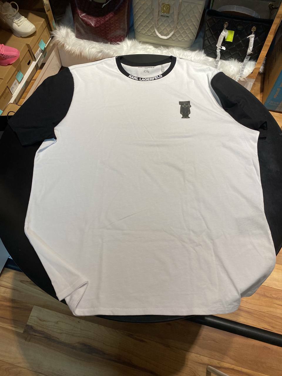 [S] KARL LAGERFELD MEN.S SMALL LOGO TEE,WHITE/BLACK, LM1K3863-WX5 (SKL184)