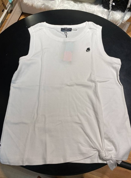 [S] KARL LAGERFELD TIE FRONT SLEEVELESS T-SHIRT,WHITE, L1OH7874-WHT (SKL191)