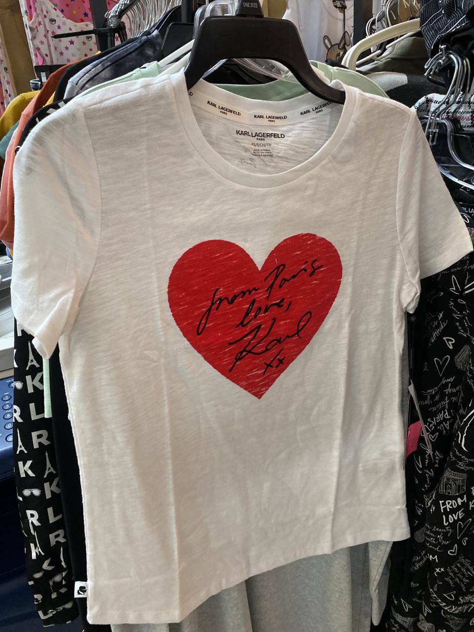 [S] KARL LAGERFELD WOMEN'S SLUB HEART T-SHIRT,WHITE, L0WH6059-SW9 (SKL208)