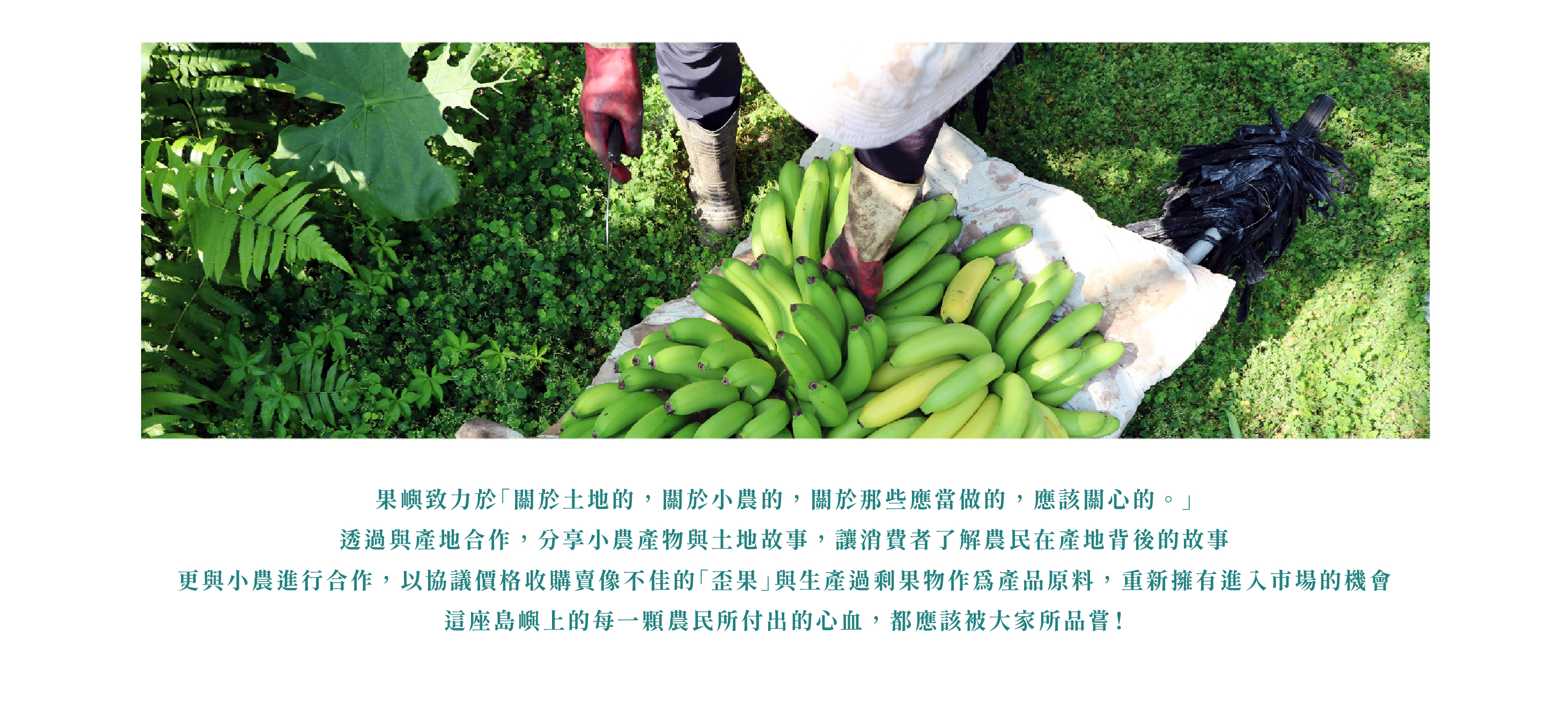 果嶼致力於「關於土地的，關於小農的，關於那些應當做的，應該關心的。」 透過與產地合作，分享小農產物與土地故事，讓消費者了解農民在產地背後的故事