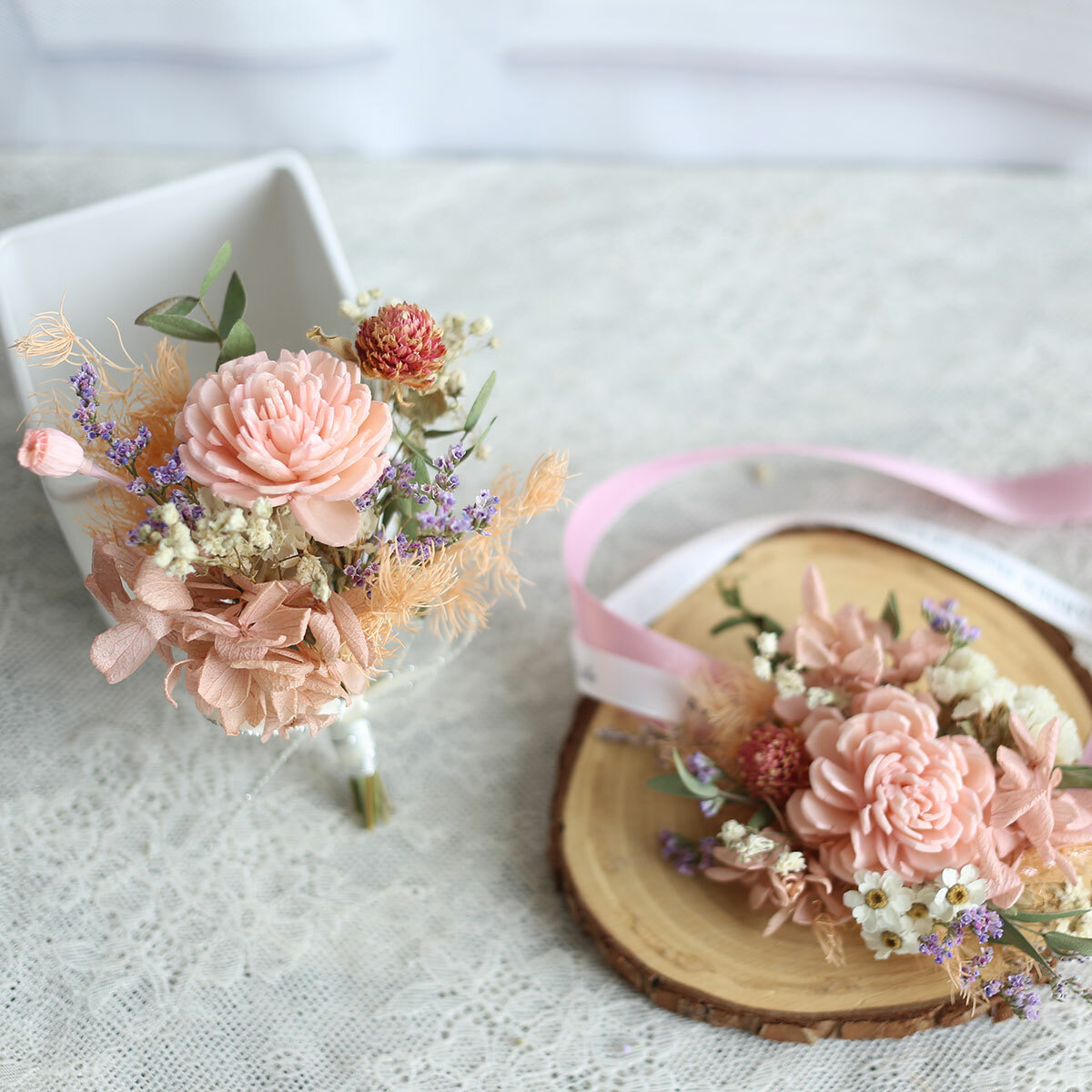 AE02｜淺粉色系新娘手腕花+新郎胸花