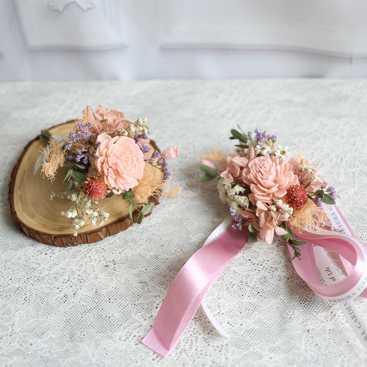 AE02｜淺粉色系新娘手腕花+新郎胸花