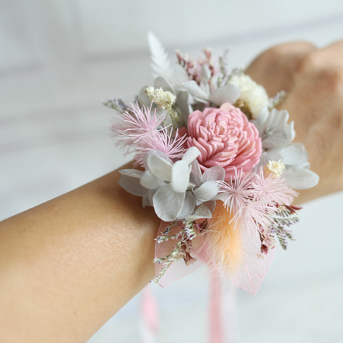 AE03｜粉色系新娘手腕花+新郎胸花