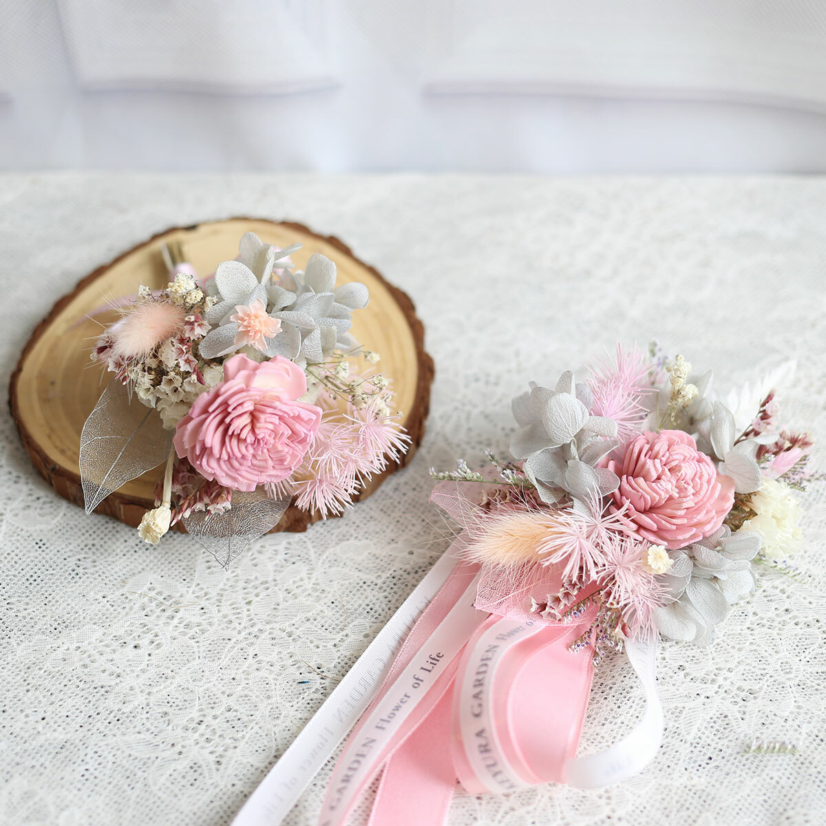 AE03｜粉色系新娘手腕花+新郎胸花