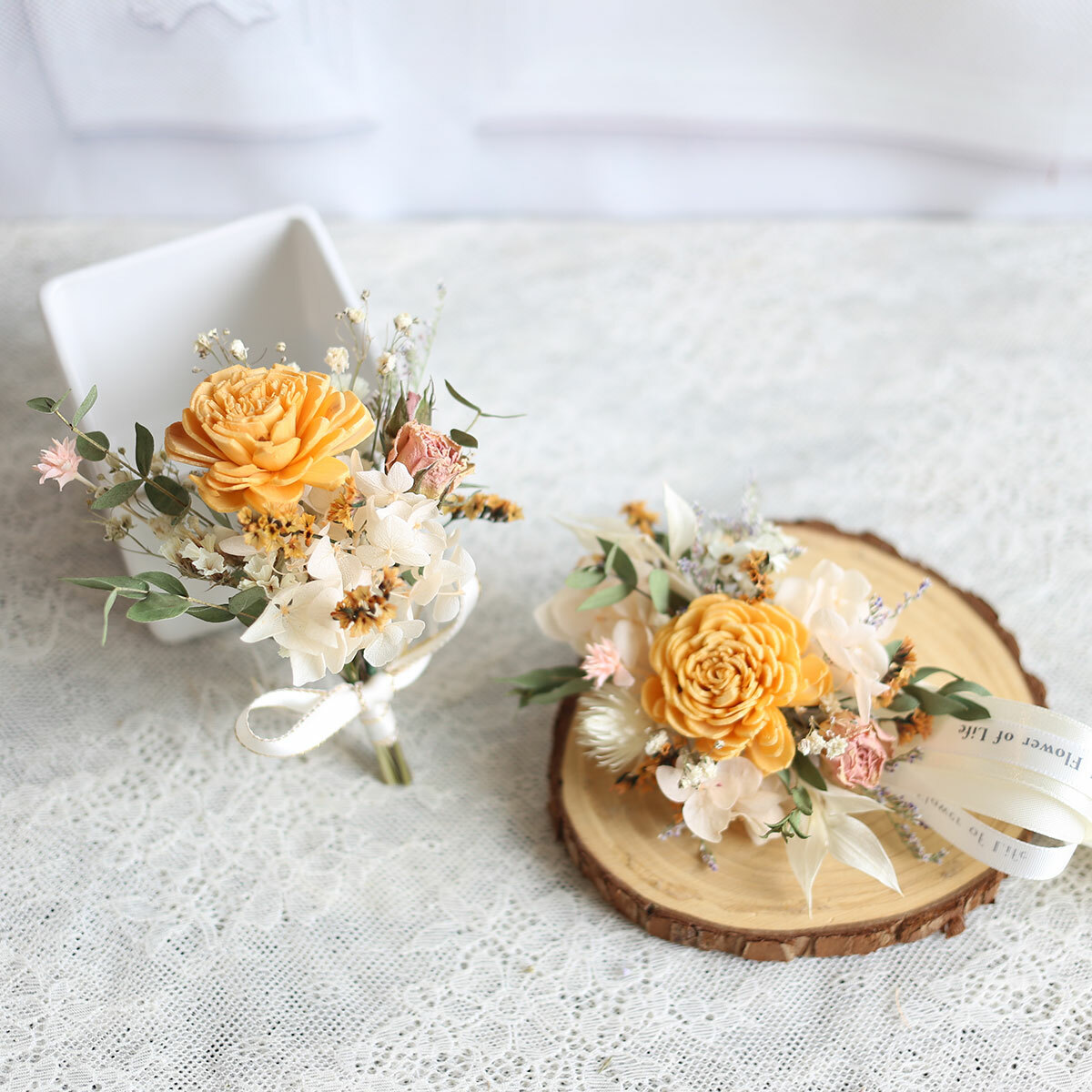 AE04｜橘黃色系新娘手腕花+新郎胸花