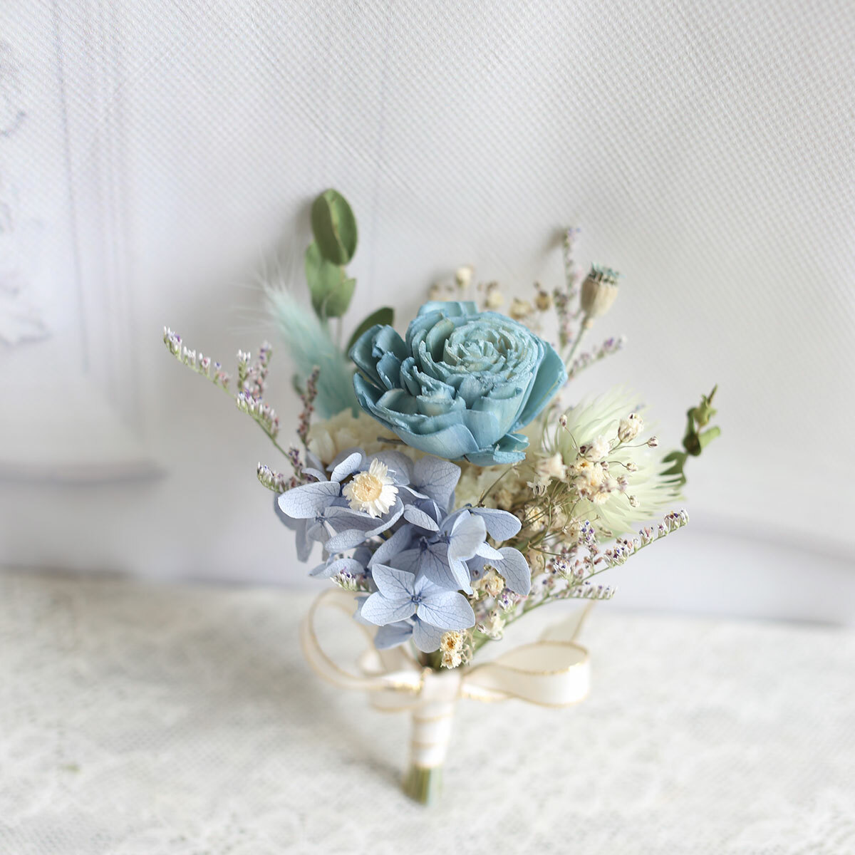 AE07｜藍色系新娘手腕花+新郎胸花