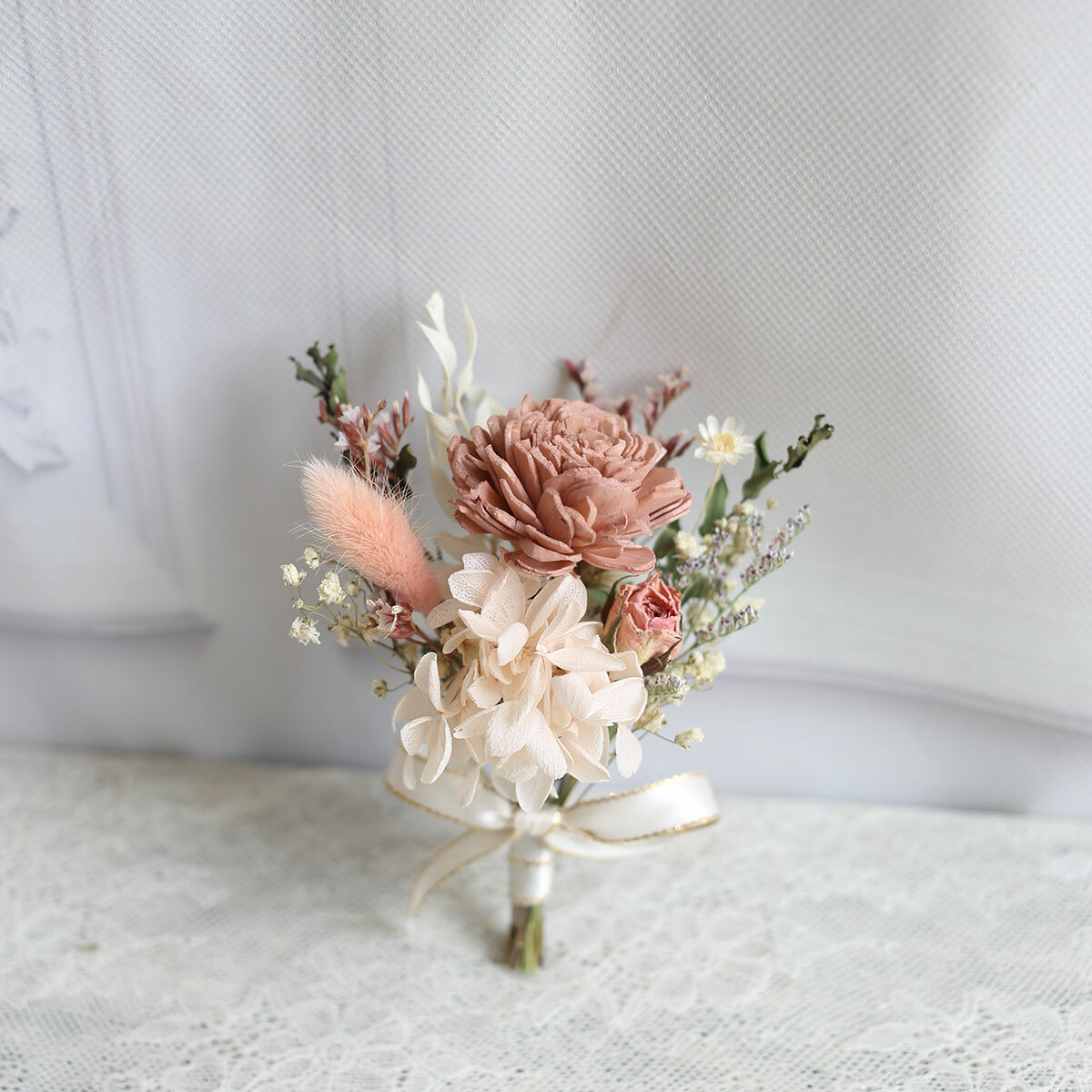 AE08｜裸粉色系新娘手腕花+新郎胸花