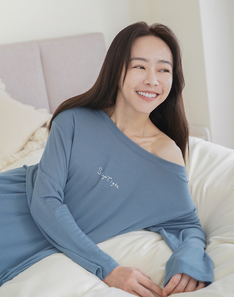 小姊姊的微性感斜肩連身款(石灰藍)