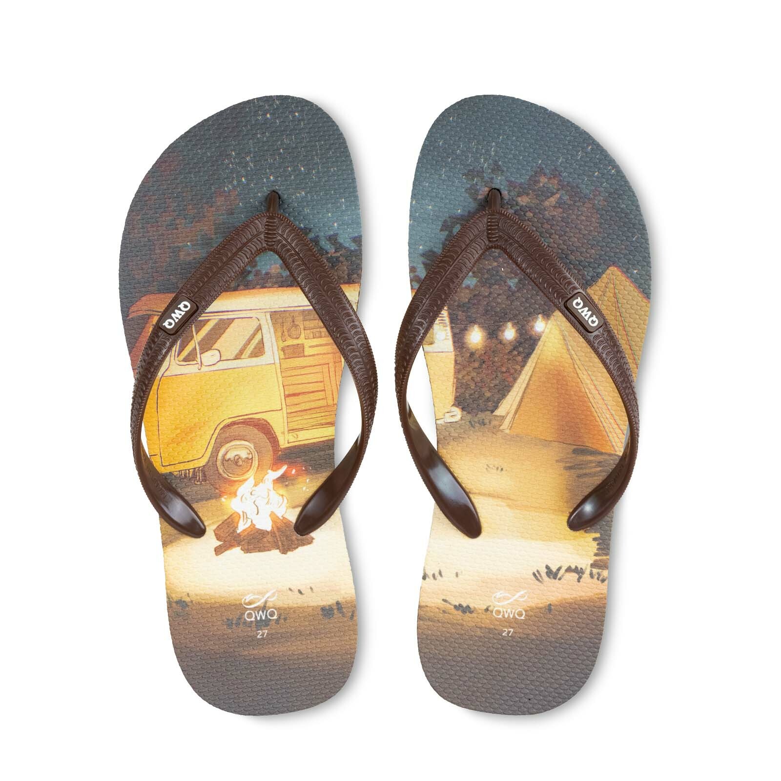 大衛君 露營車 男款粗帶人字夾腳拖鞋 可可棕