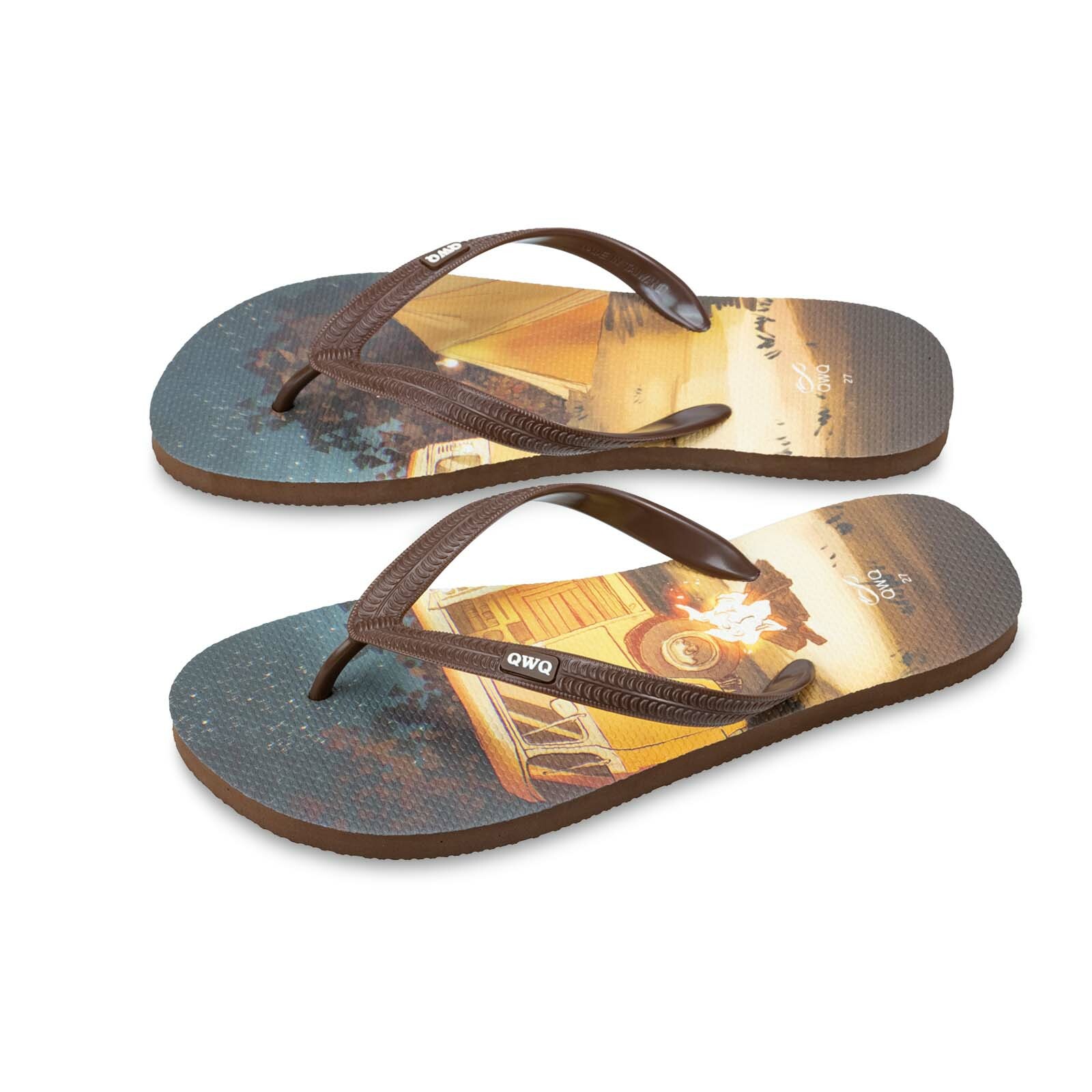 大衛君 露營車 男款粗帶人字夾腳拖鞋 可可棕