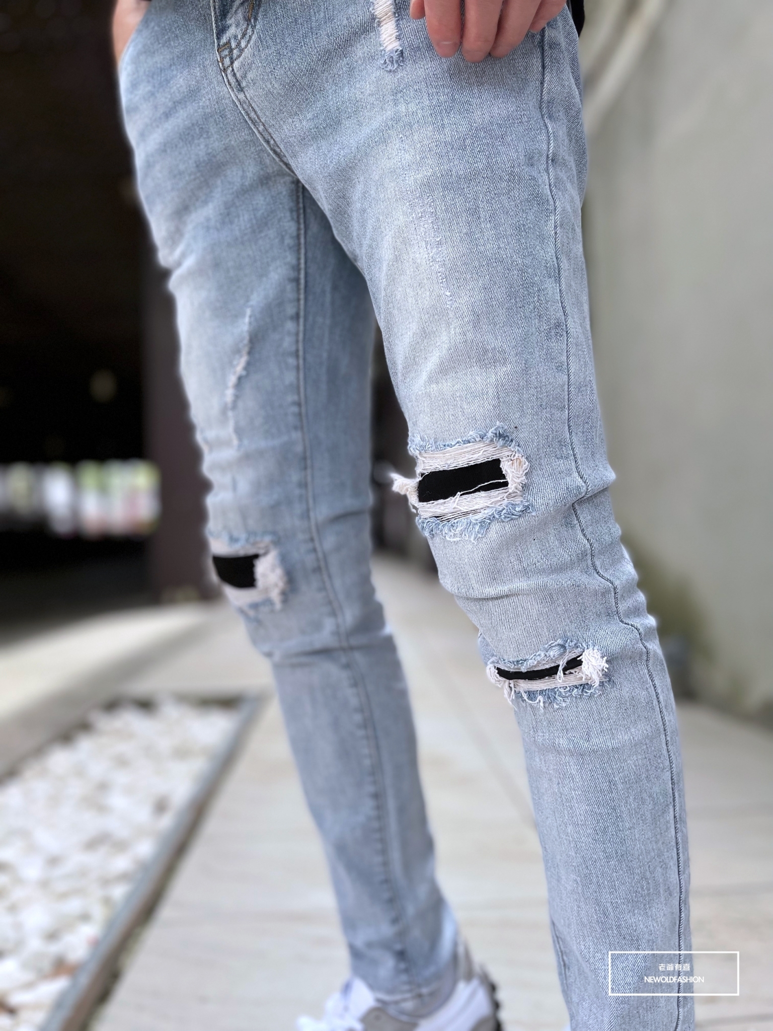 新品上市』重磅淺刷白膝破壞補丁牛仔小直筒褲- 老爺有喜|NewOldFashion