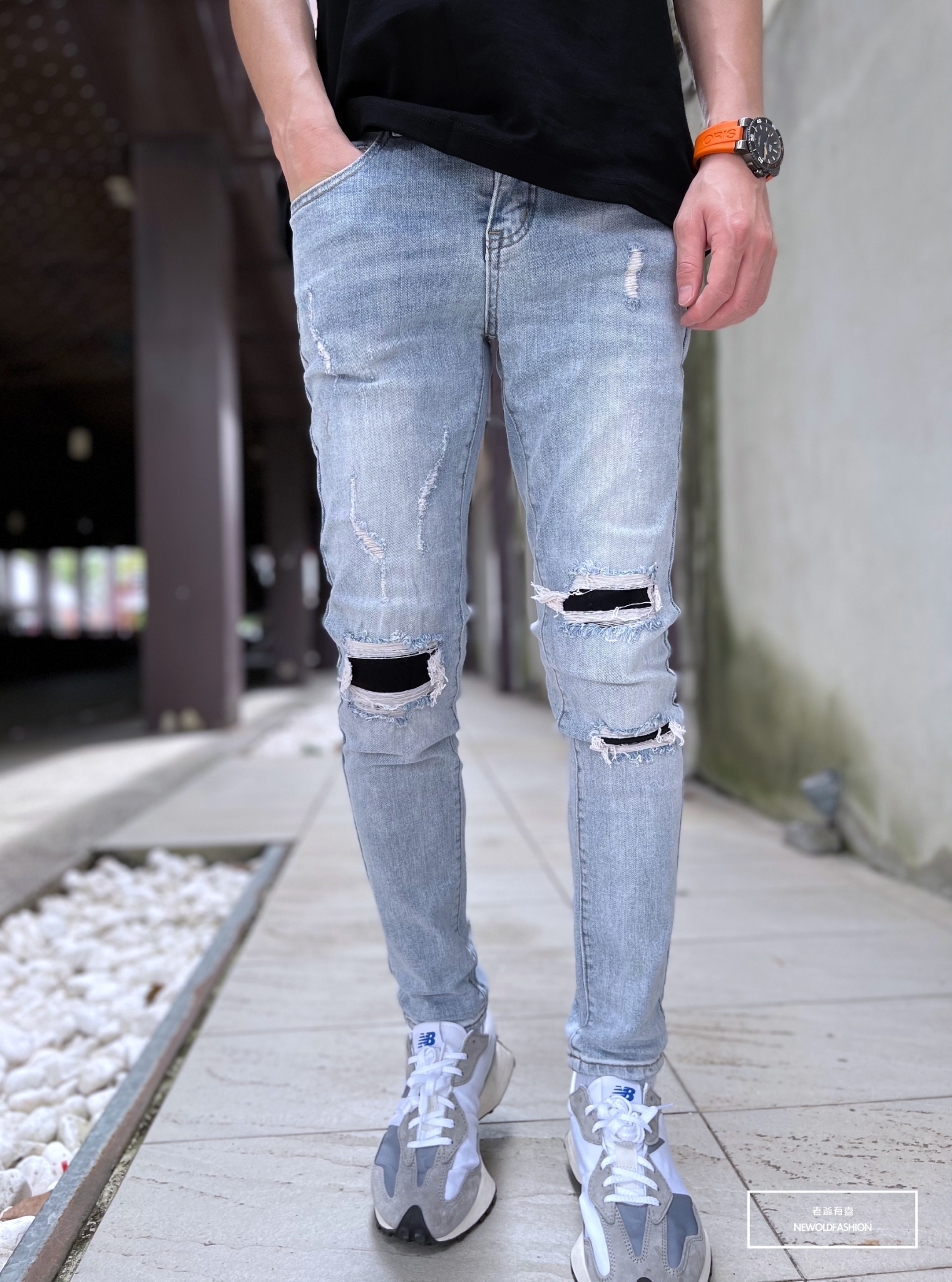 新品上市』重磅淺刷白膝破壞補丁牛仔小直筒褲- 老爺有喜|NewOldFashion