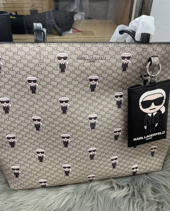 [S] KARL LAGERFELD LEATHER TOTE BAG , BROWN, 194775656170 (KL395)