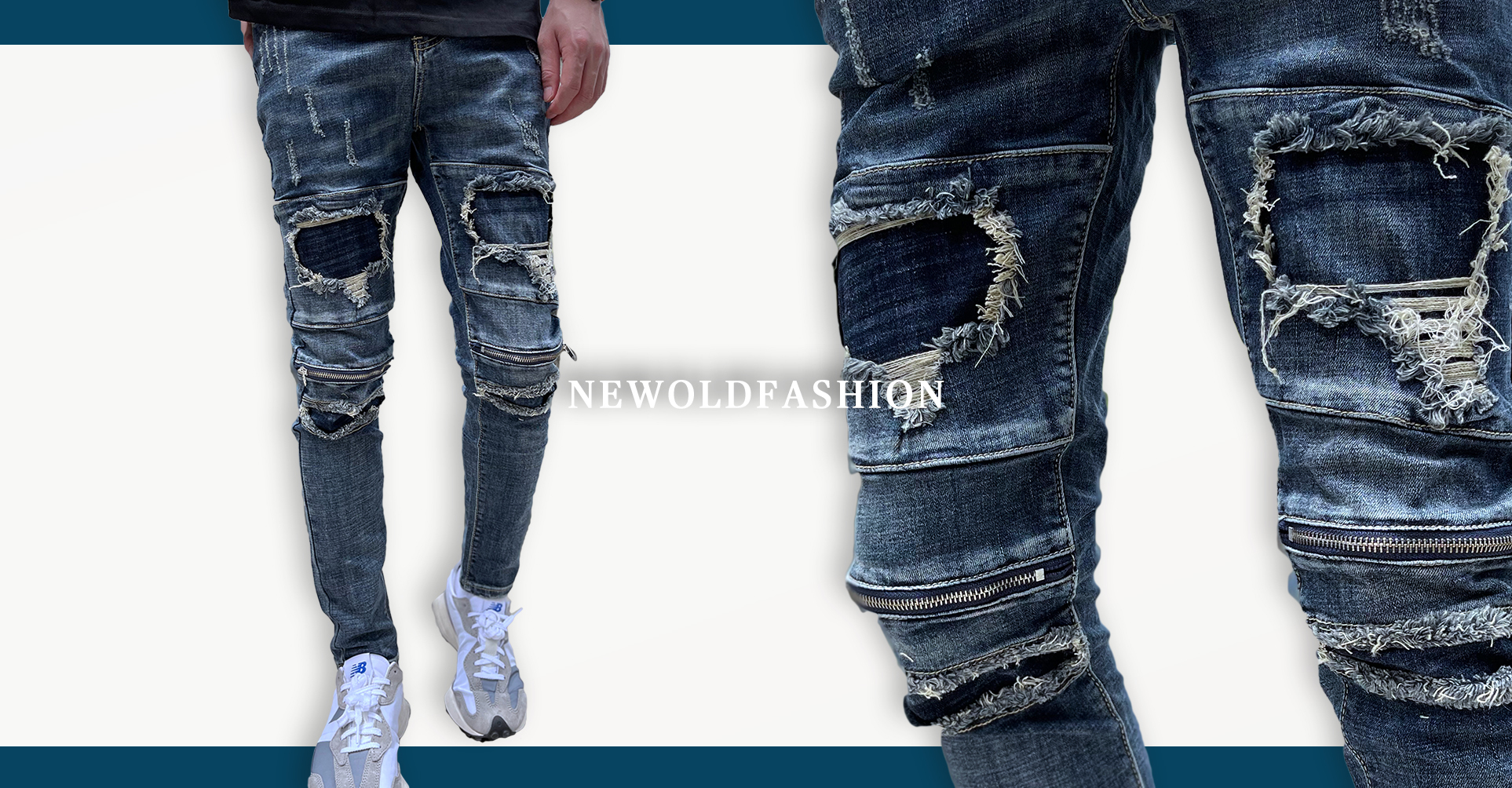 重磅深藍補丁膝拉鍊小直筒