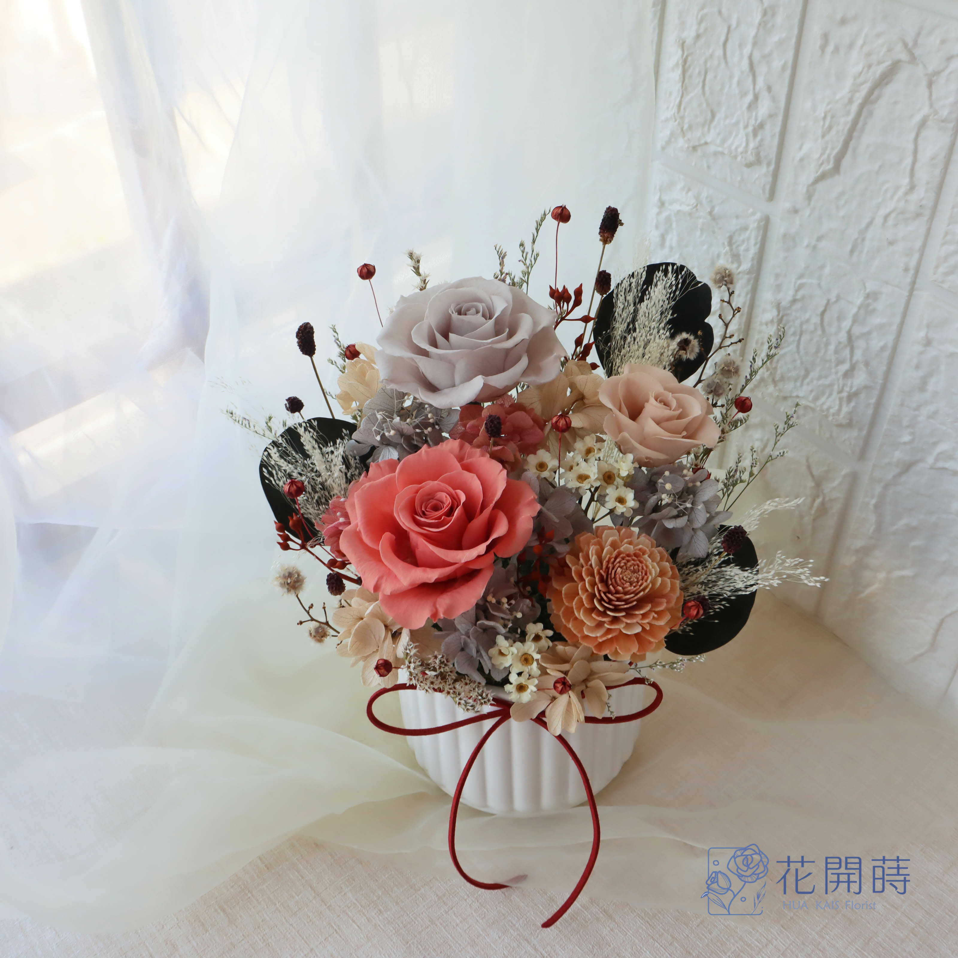 永生桌花|淡灰粉|開幕賀禮|新居賀禮|母親節禮物|永生花禮