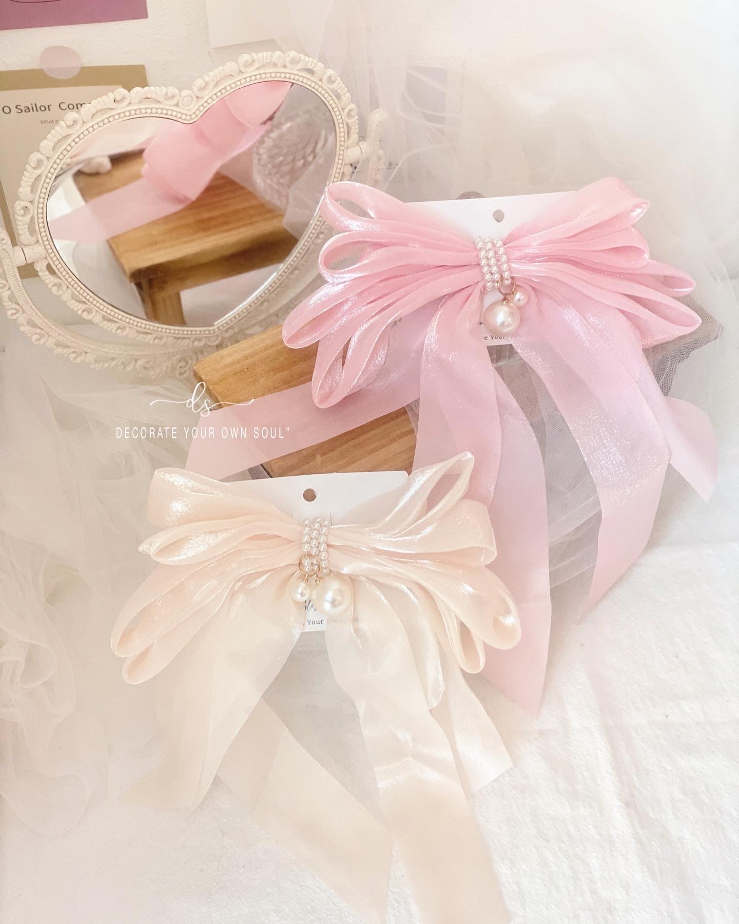 Elegant Pearl Fabric Ribbon Bow