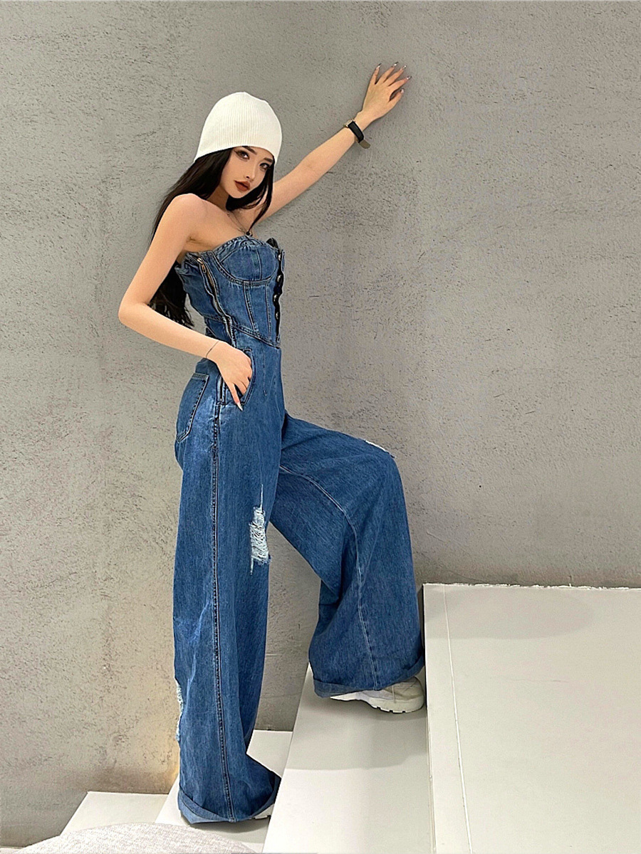 平口牛仔連身褲